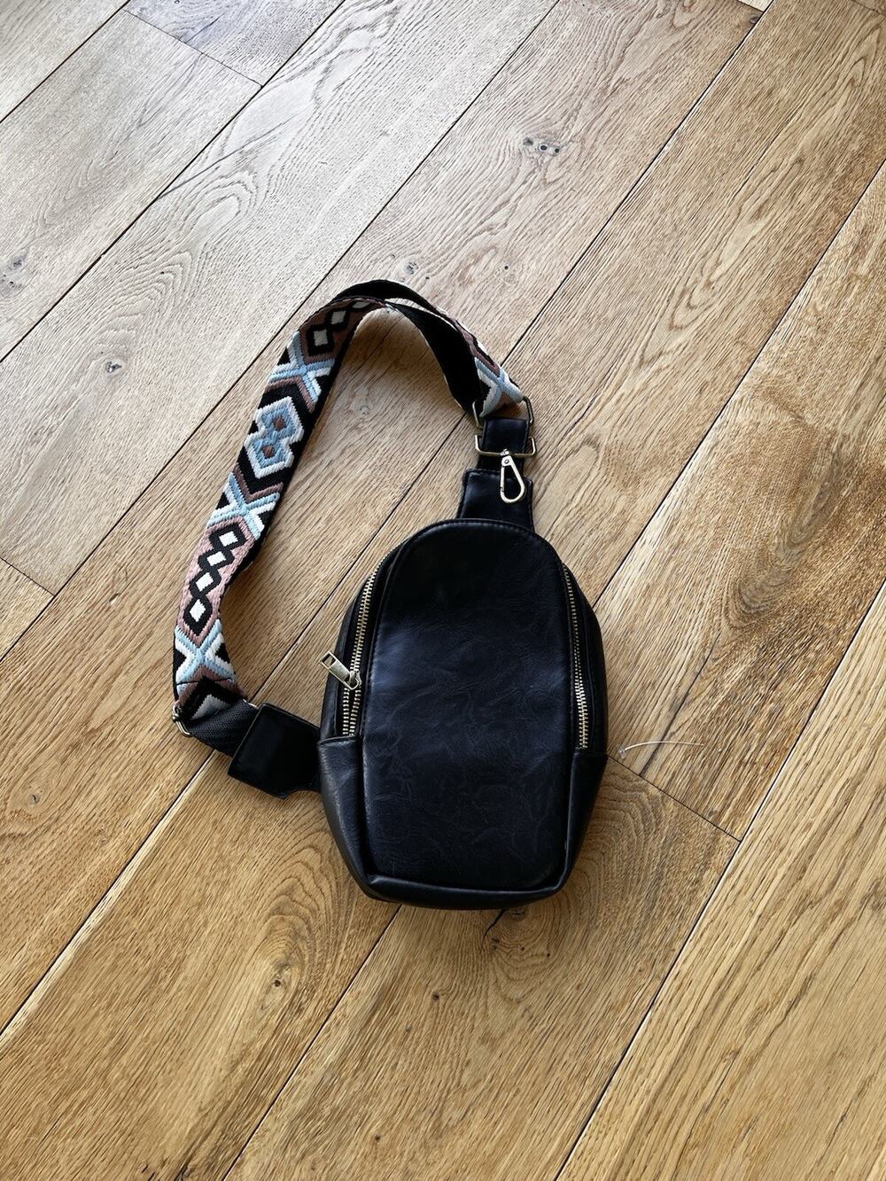 NWOT- Unbranded Black Vegan Leather Sling Bag Embroidered Strap